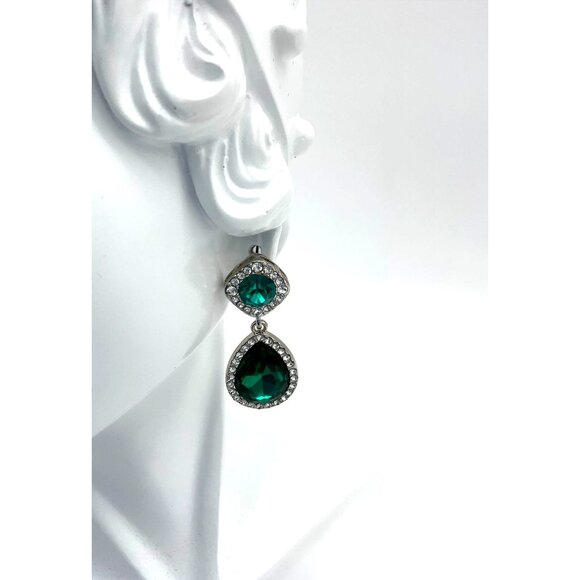 Formal Dangle Drop Rhinestone Bordered Green Faceted Square Teardrop Earrings - Picture 5 of 5